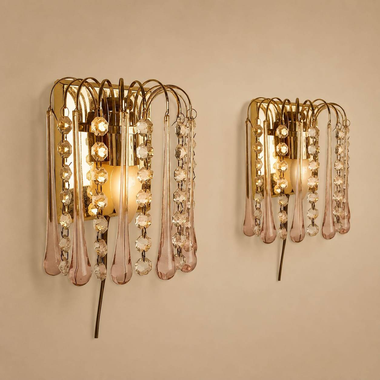 Set of 2 Hollywood Regency Murano glass wall lamps, 1970s