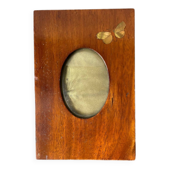 Antique art nouveau wooden picture frame with intarsia mother pearl of butterfly, wood measurements 16 cm x 11 cm convex glass