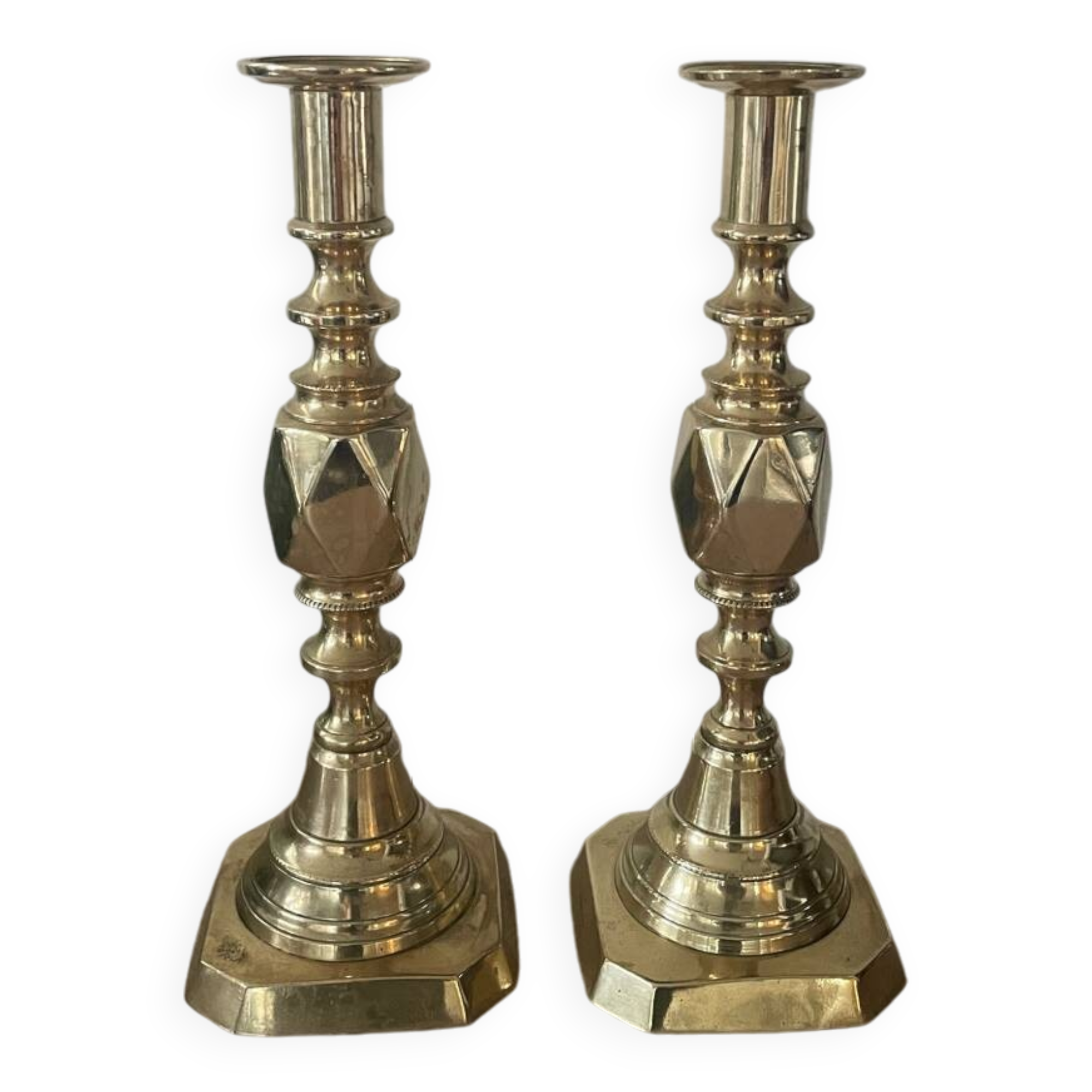 Pair of antique english princess of diamonds brass candlesticks