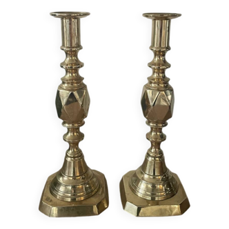 Pair of antique english princess of diamonds brass candlesticks