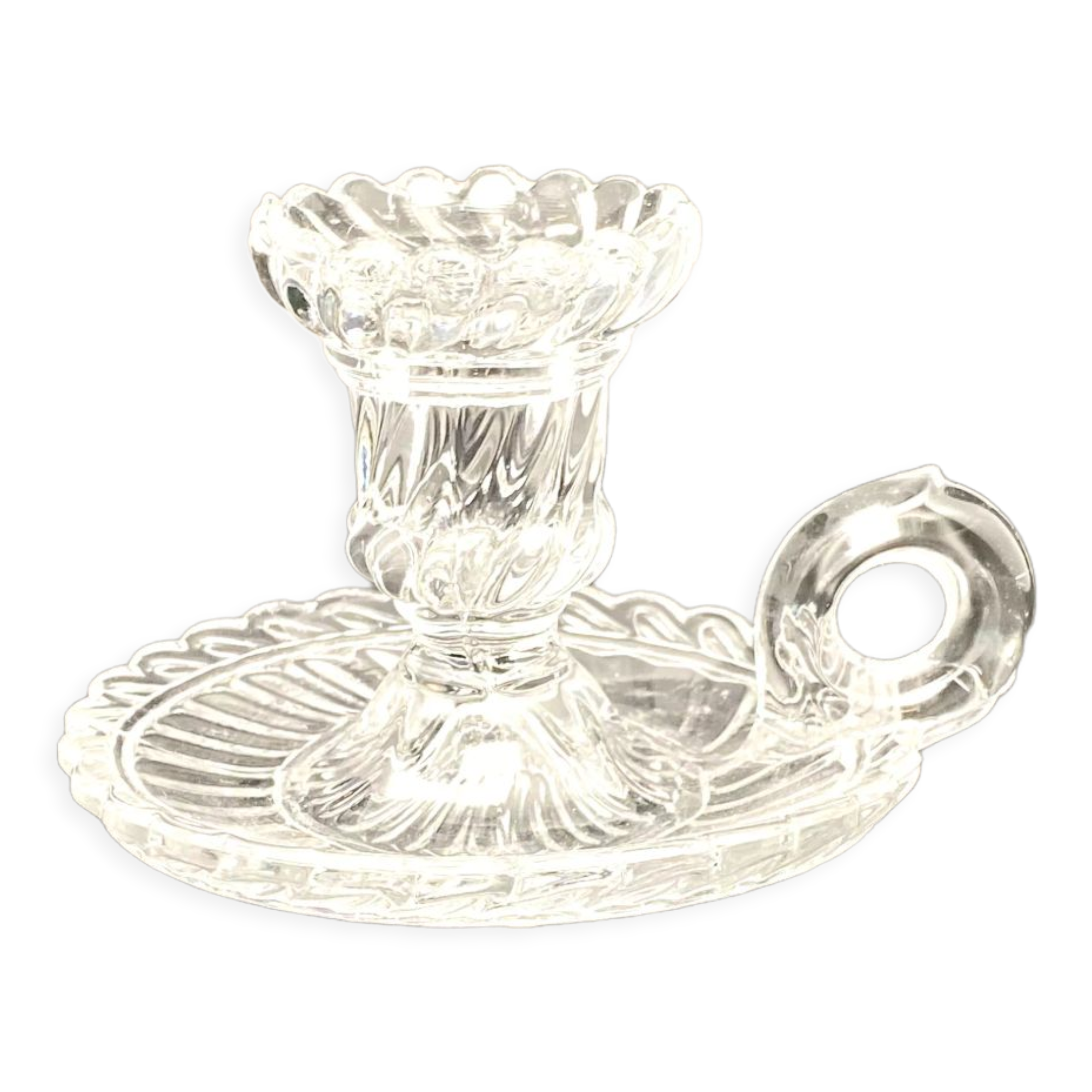 Candle holder with cup and handle in worked glass