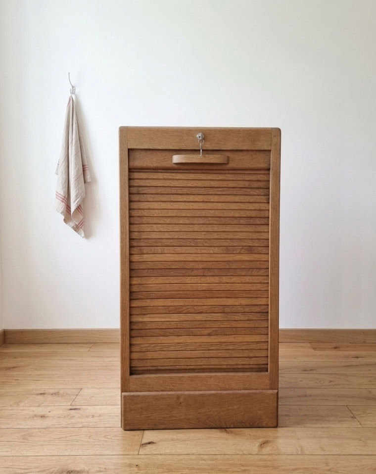 Solid oak filing cabinet with curtains