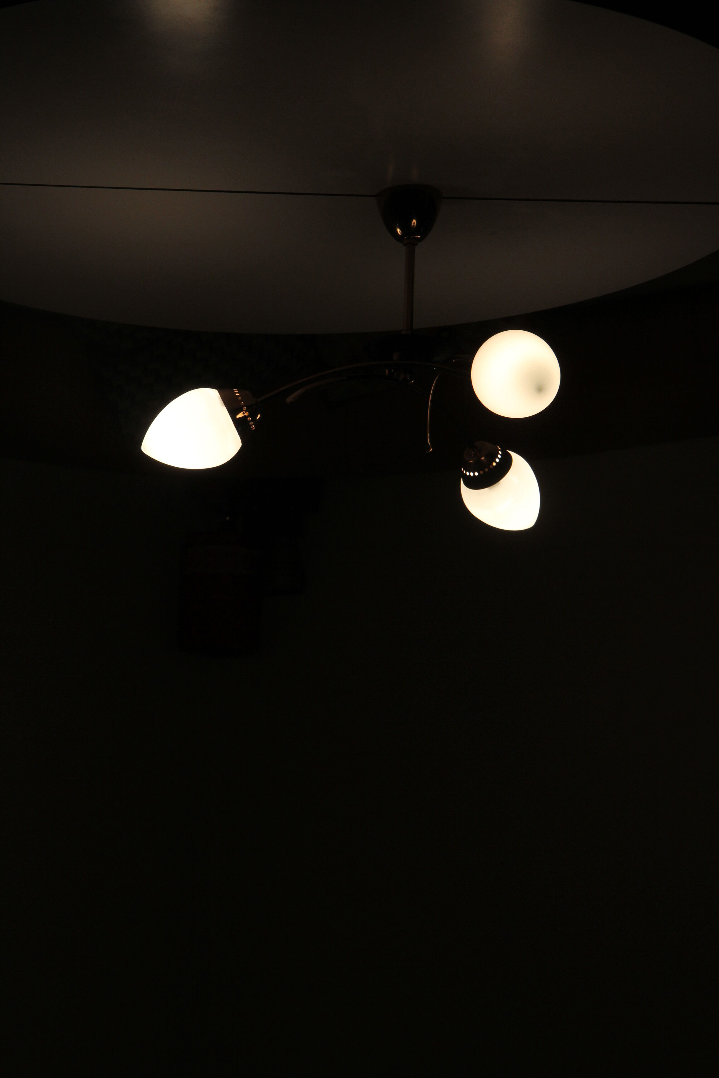 Three-arm brass and glass chandelier from the 1950s