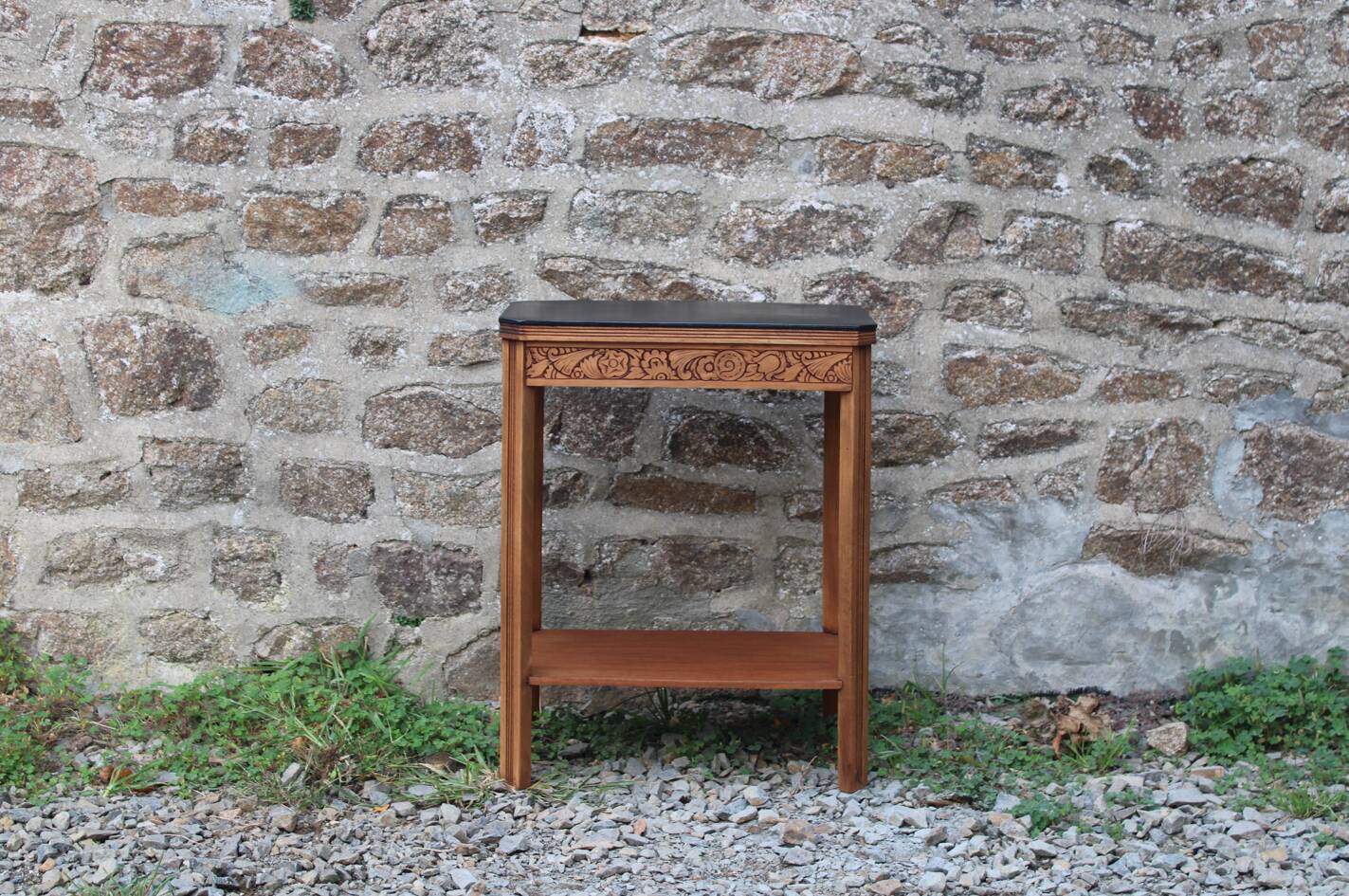 Art deco engraved wood side table