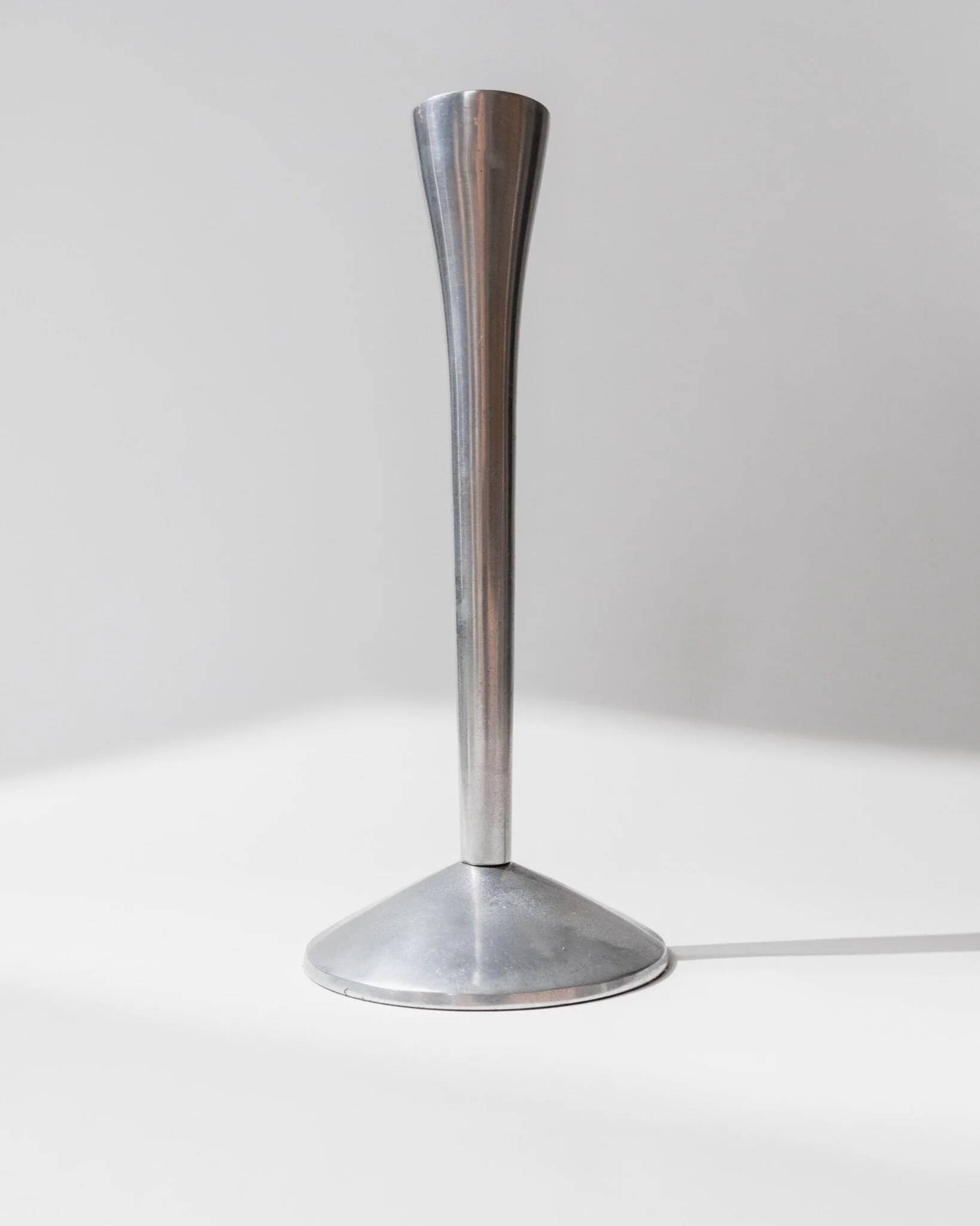 Set of 2 Stainless Steel Vintage Candle Holders, Silver Finish, Space Age Italian Design (1970s)