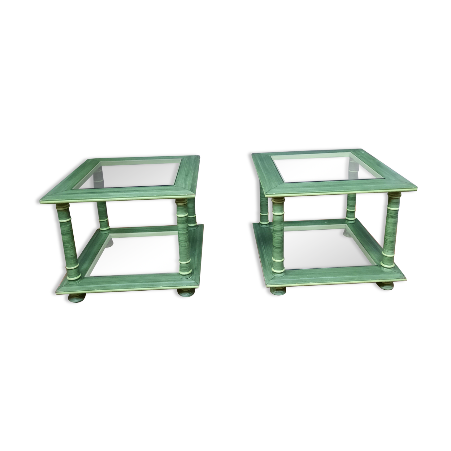 Pair of square sofa ends made of green ceruse wood