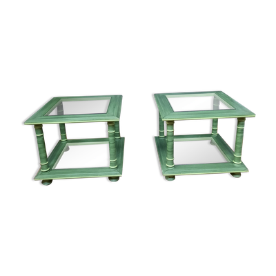 Paire de bouts de canapé  carrés en bois céruse vert