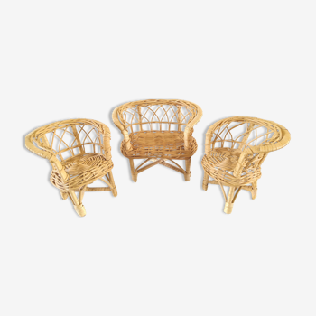 Fauteuils et canapé miniatures en osier design années 70