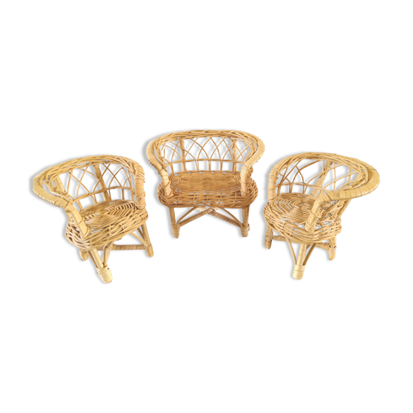 Fauteuils et canapé miniatures en osier design années 70