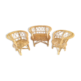 Fauteuils et canapé miniatures en osier design années 70