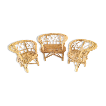 Miniature armchairs and sofa in wicker design 70s