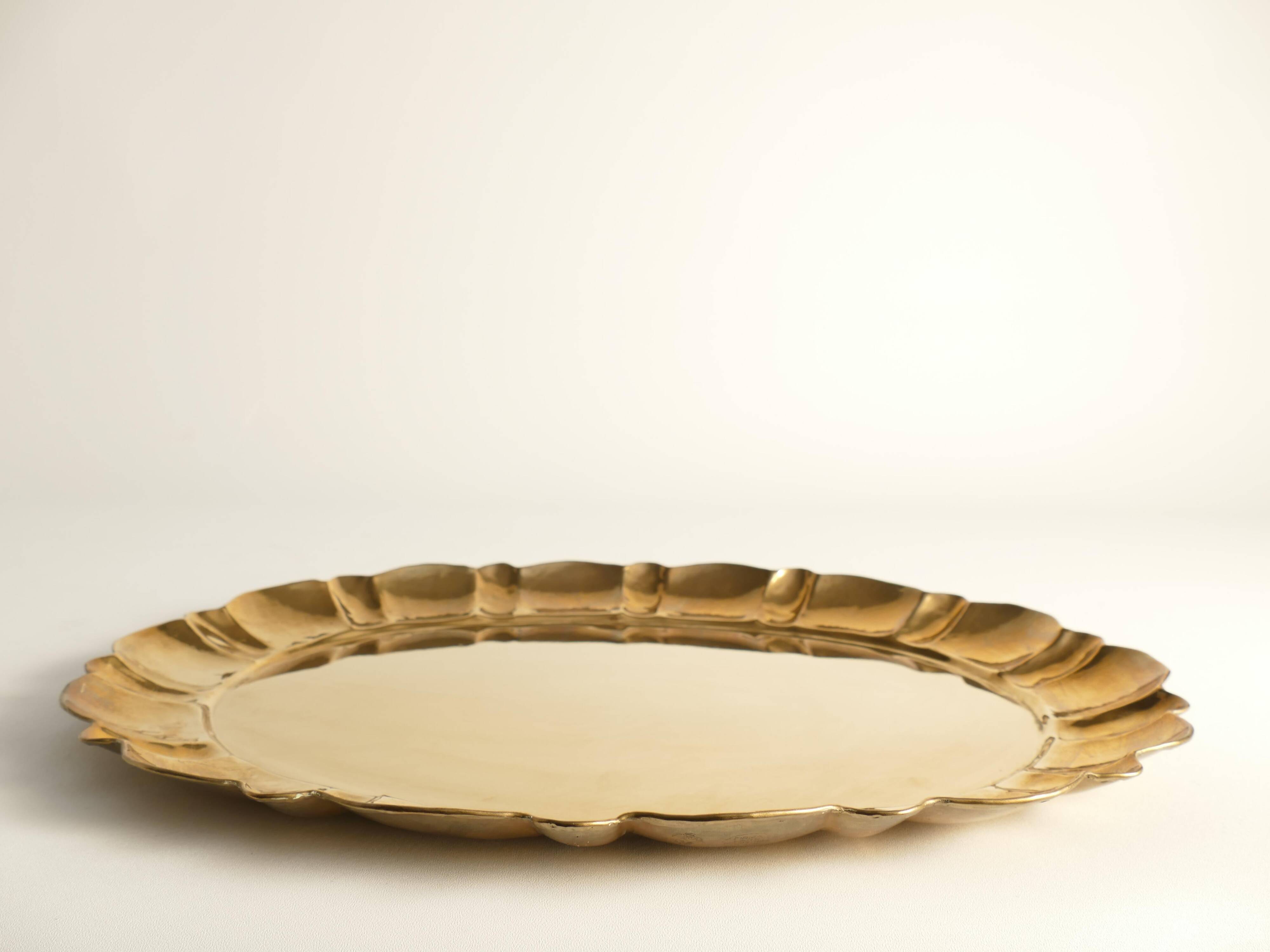Hollywood Regency Large Oval Brass Tray by Firma Lars Holmström, Sweden 1940's