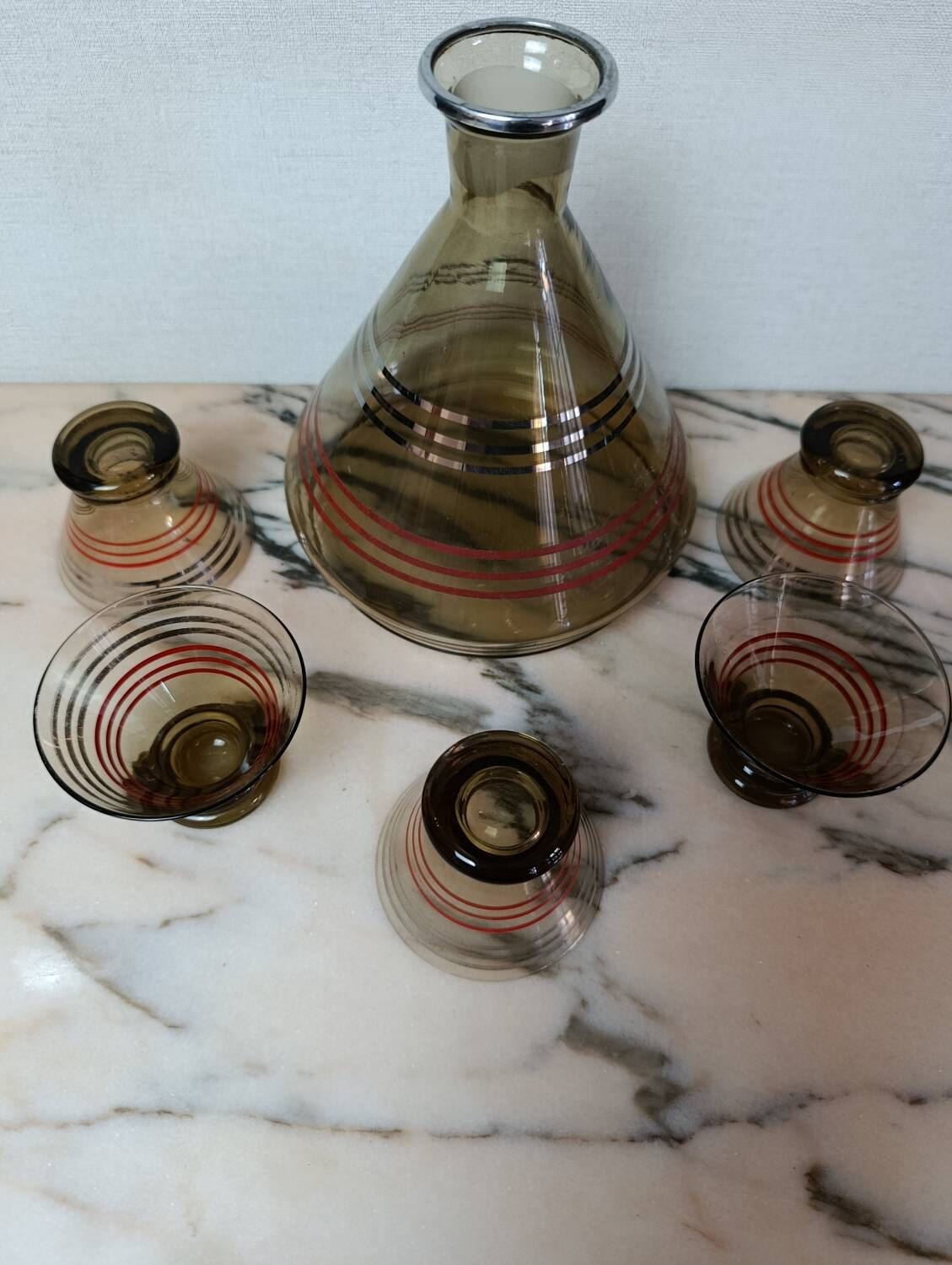Art Deco liqueur service in smoked glass