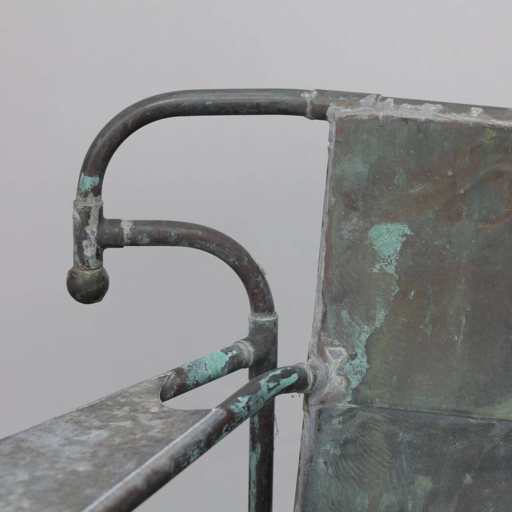 Sculptural bench in copper, zinc and stained glass by Cor de Ree, The Netherlands, 1999