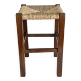 Tabouret vintage en bois foncé et assise en paille tressée