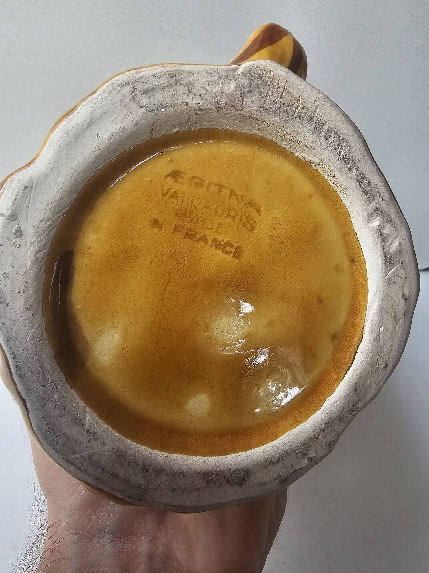 Ceramic jug resembling a tree trunk signed Aegitna Vallauris Years