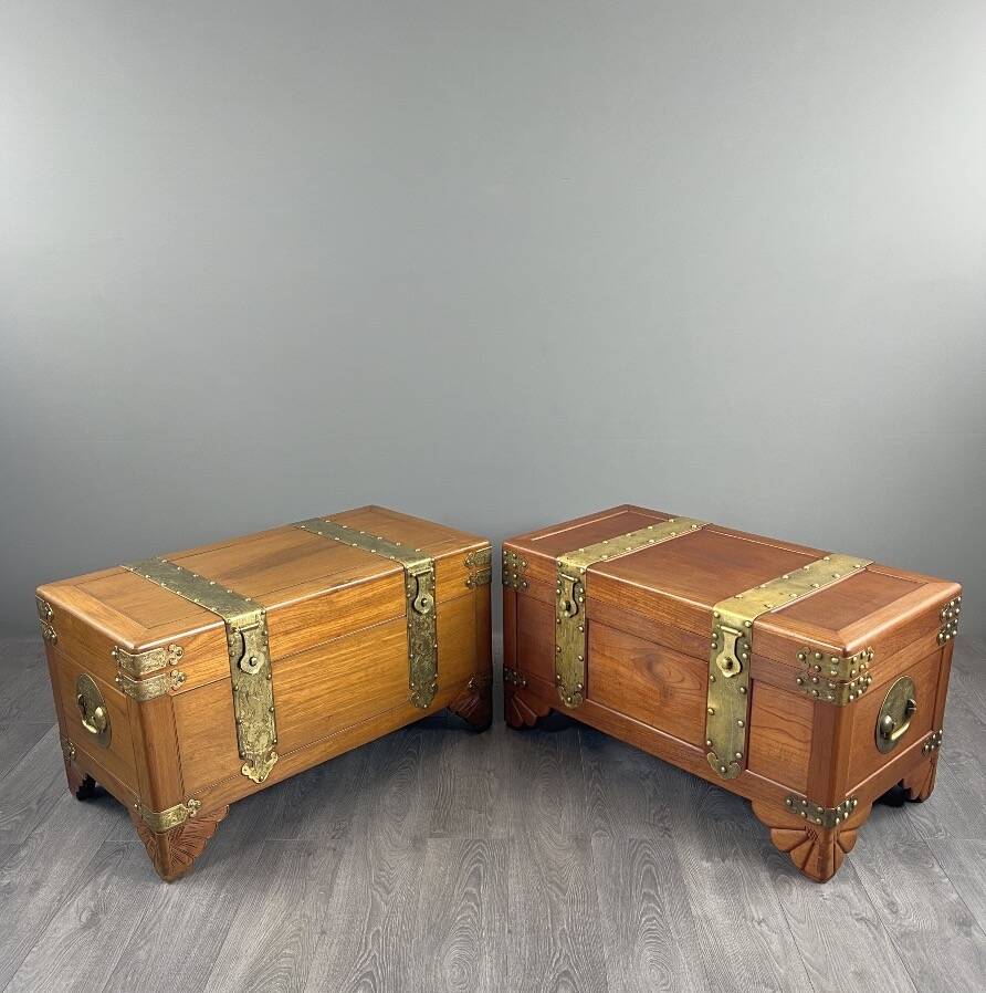 Pair of wooden and engraved brass chests, 20th century