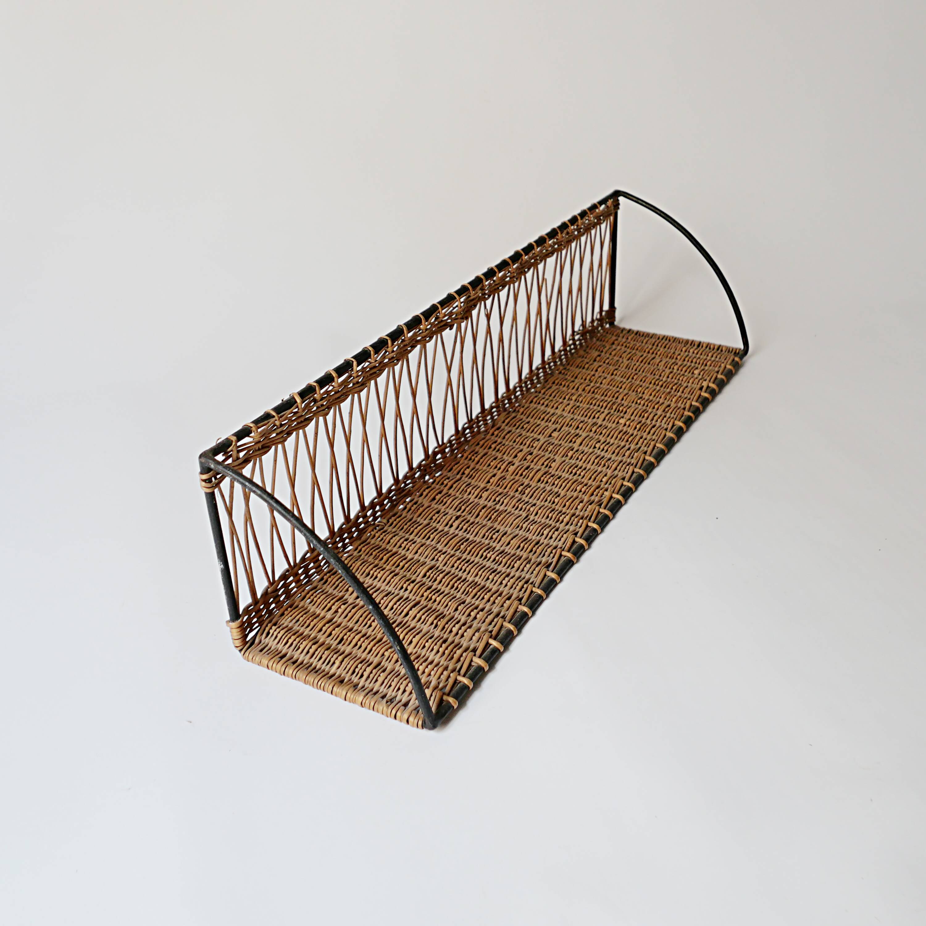 Vintage metal and wicker wall shelf, 1950s-1970s design, Mategot