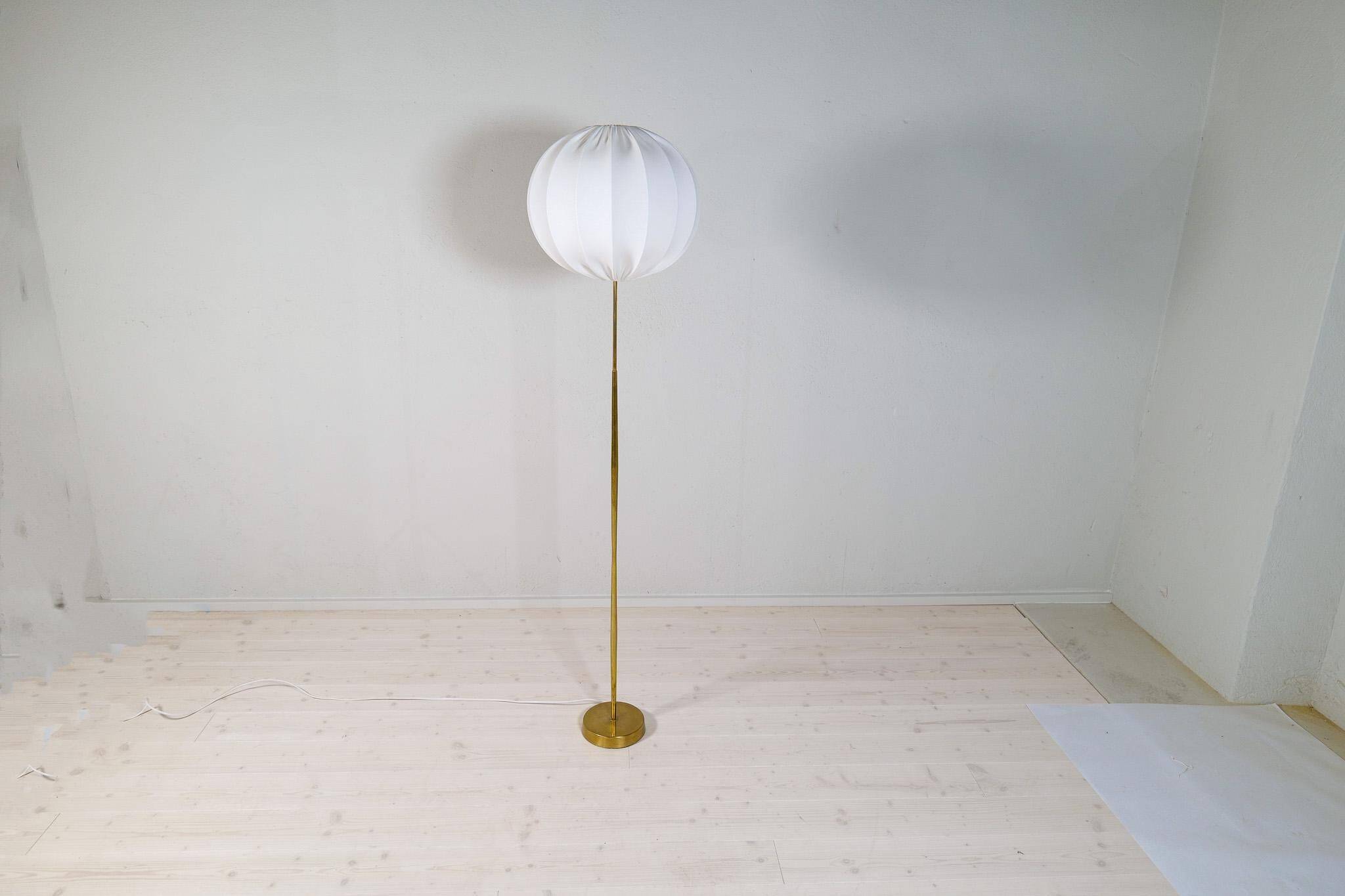 Modern mid-century brass floor lamp ASEA with round cotton shade, Sweden, 1960s
