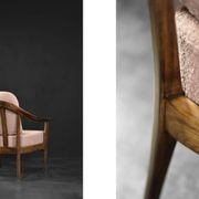 Pair of Mid-Century German Elegant Cherry Wood and Dusty Pink Fabric Armchairs