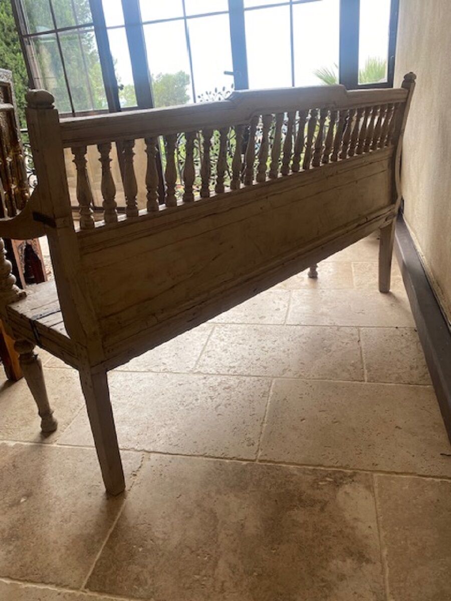 Patinated exotic wood bench for indoor or outdoor use