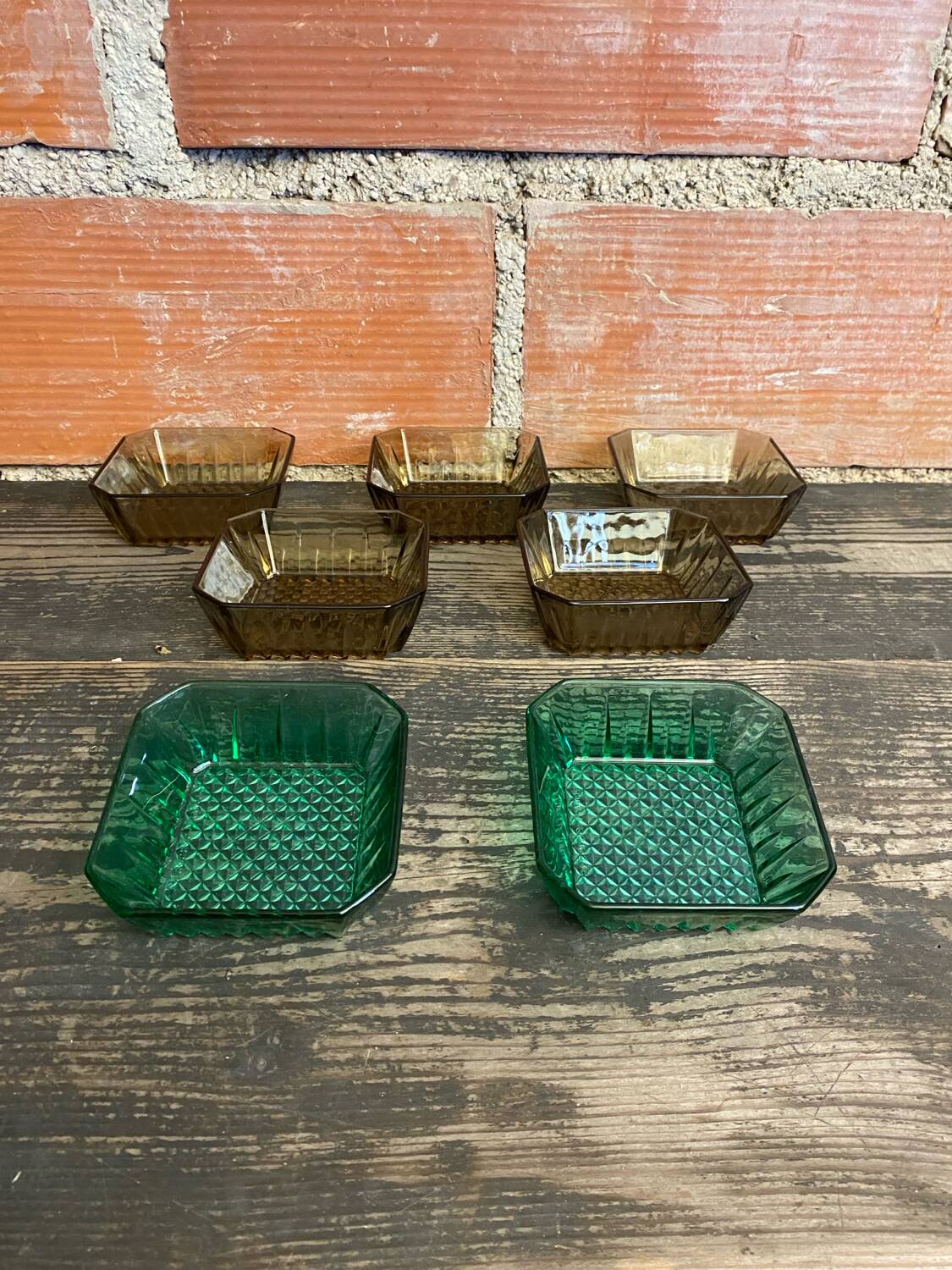 Set of 7 Antique ARCOROC Molded Glass Ramekins/Bowls, Smoked & Vintage Green