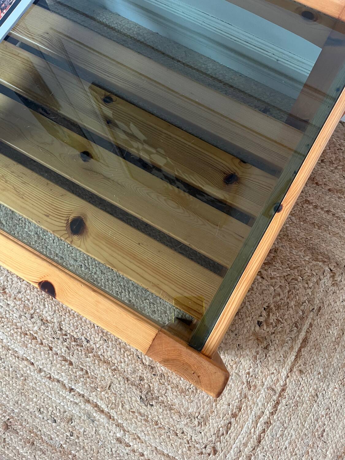 Pine and smoked glass coffee table, 70s-80s