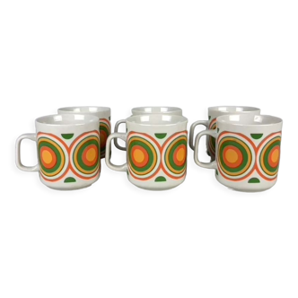 Set of 6 Vintage Mugs with Colourful Circle Pattern, 1970's