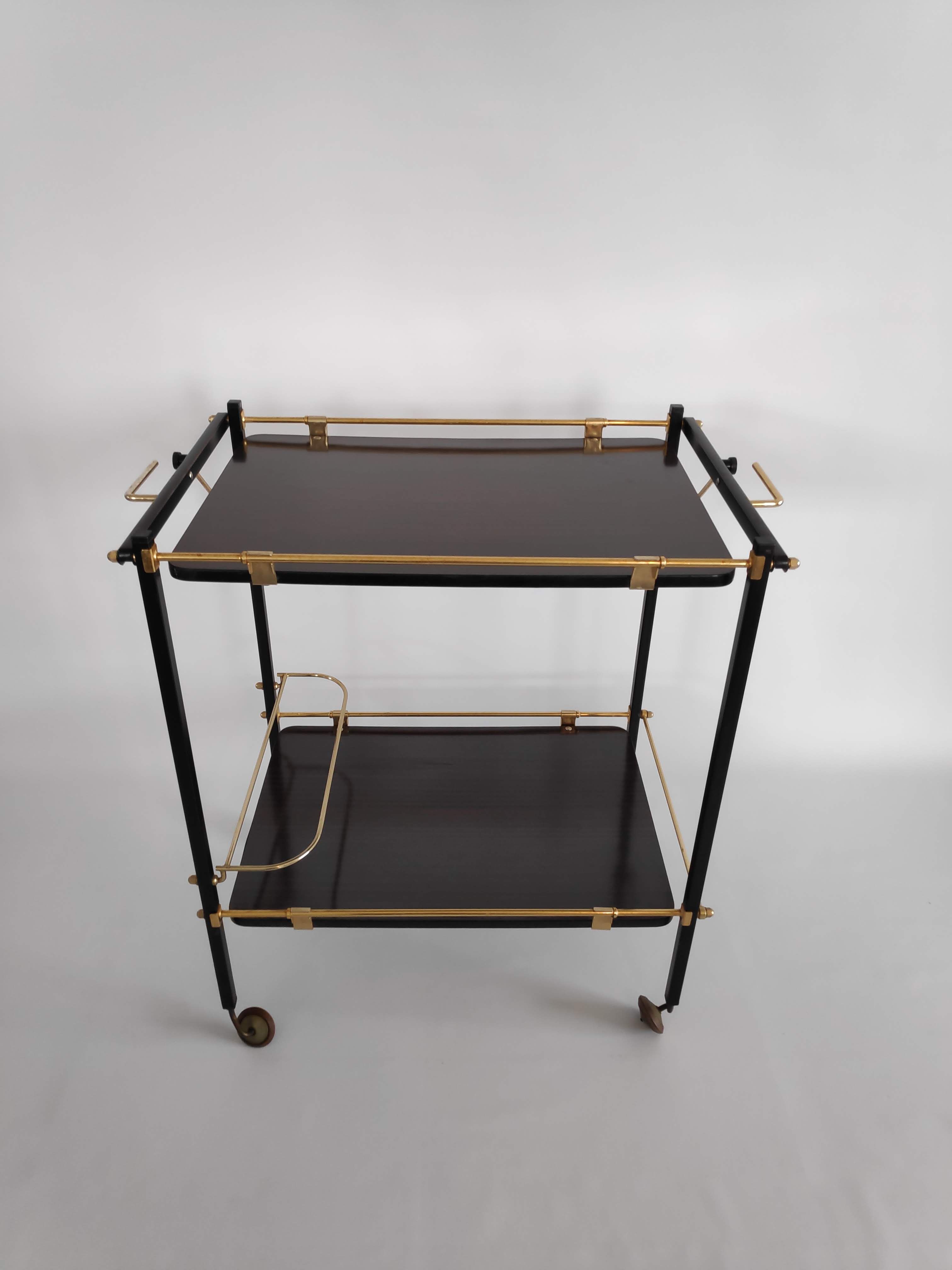Side table with wheels in gilded metal and laminated veneer from the 70s