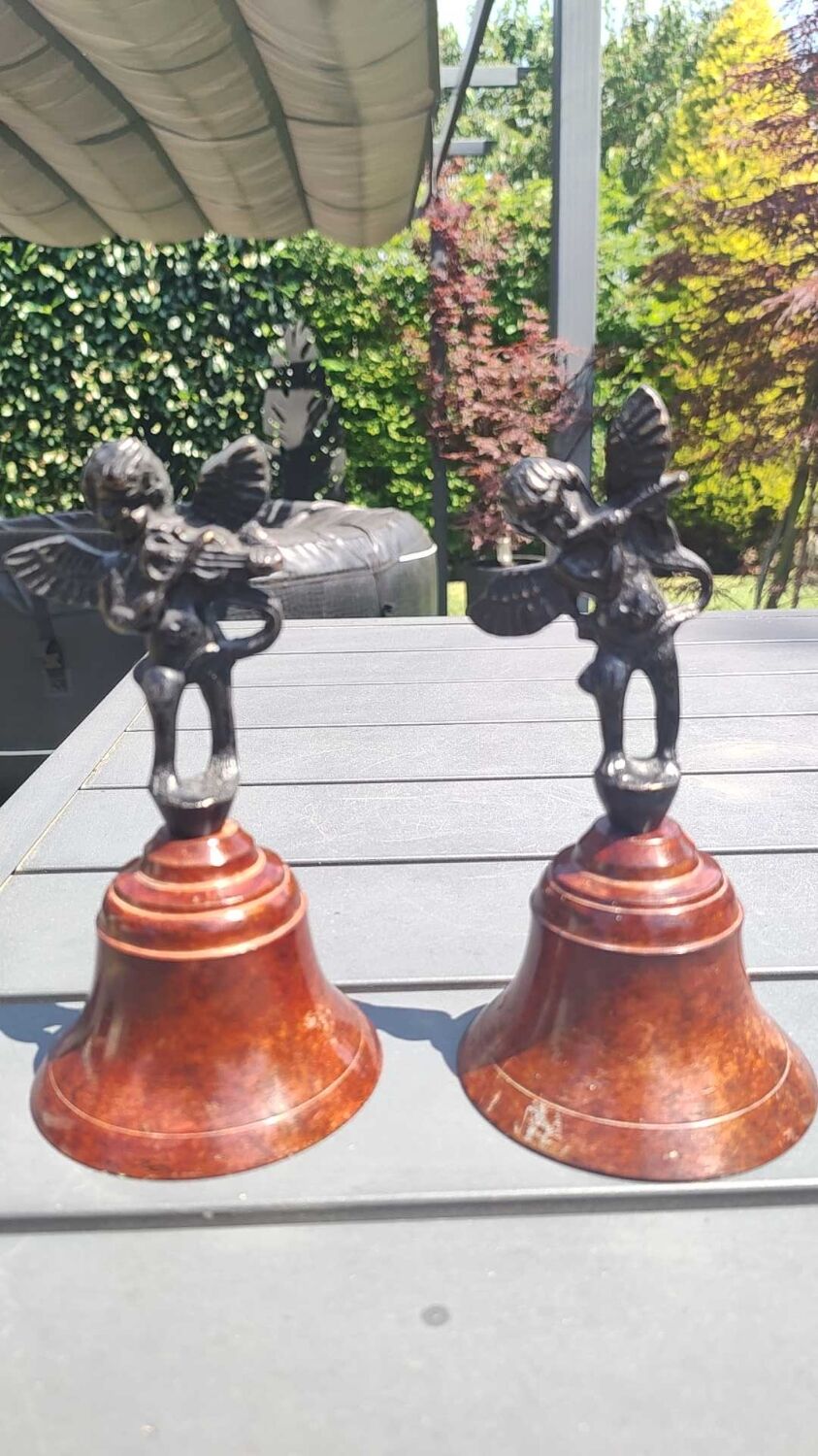 Pair of table bells musician angels in copper metal and bronze