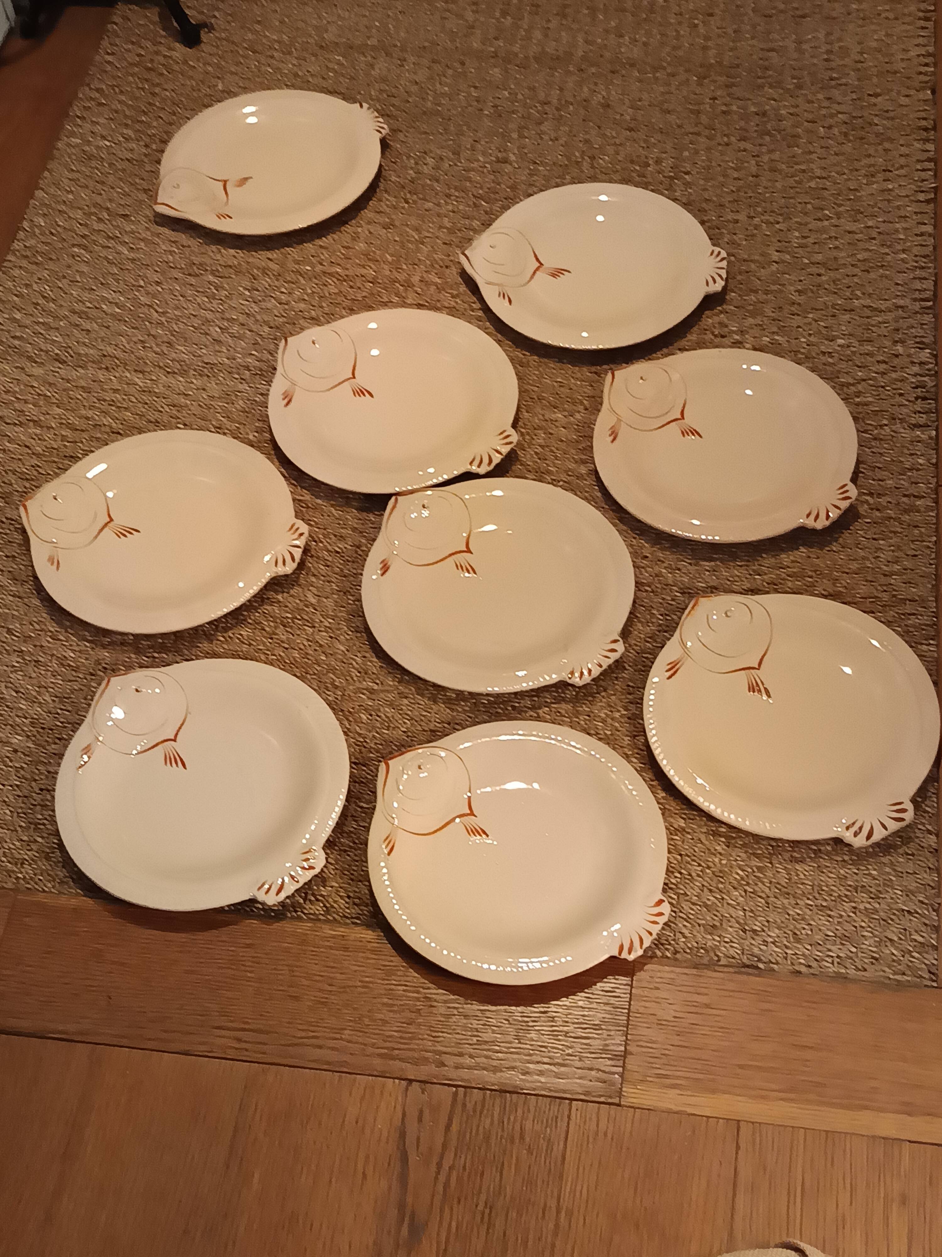 Set of 8 Longwy earthenware fish plates in powder pink