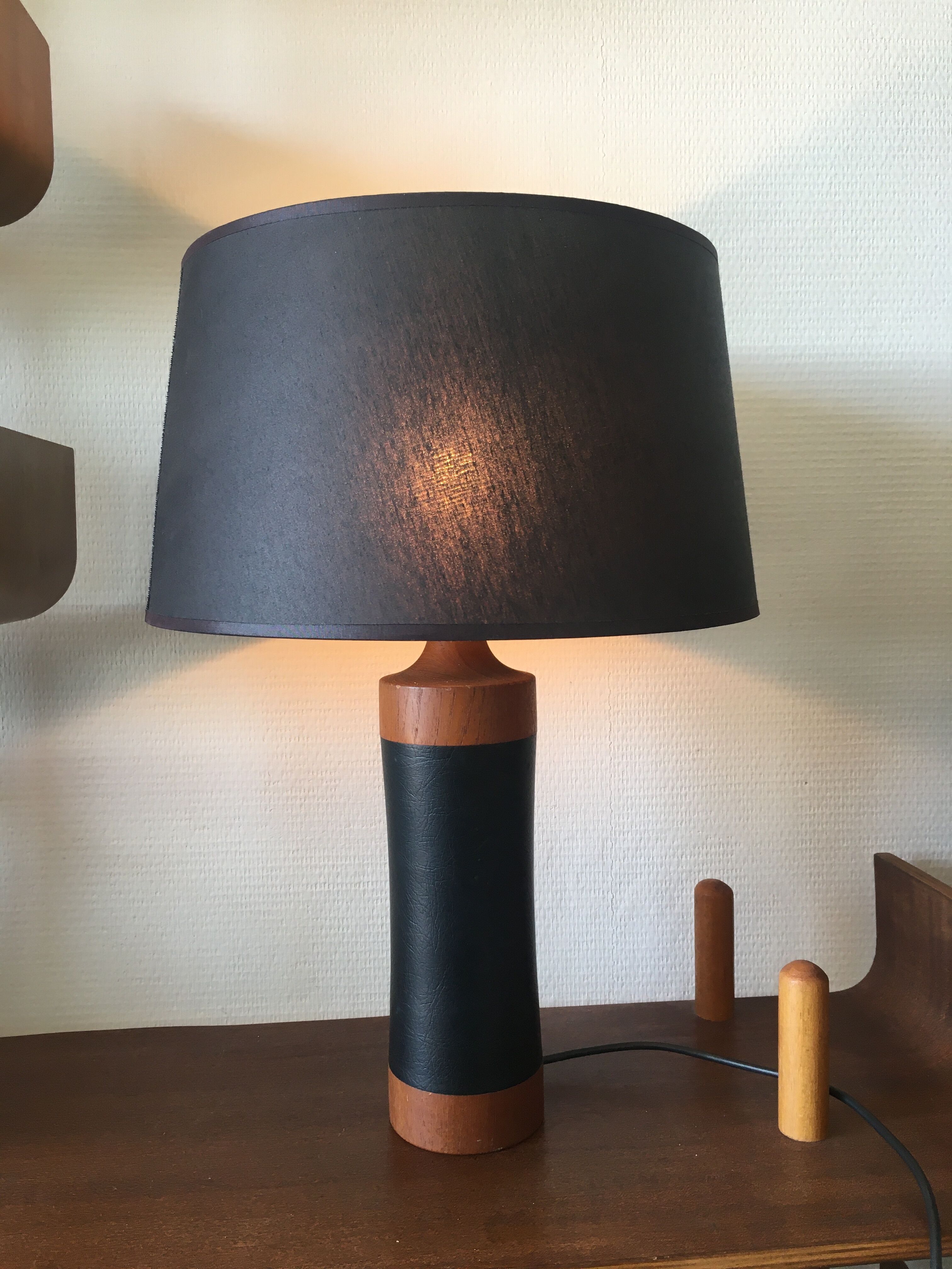Scandinavian Teak an Leather Mid-Century Table Lamp, 1950s