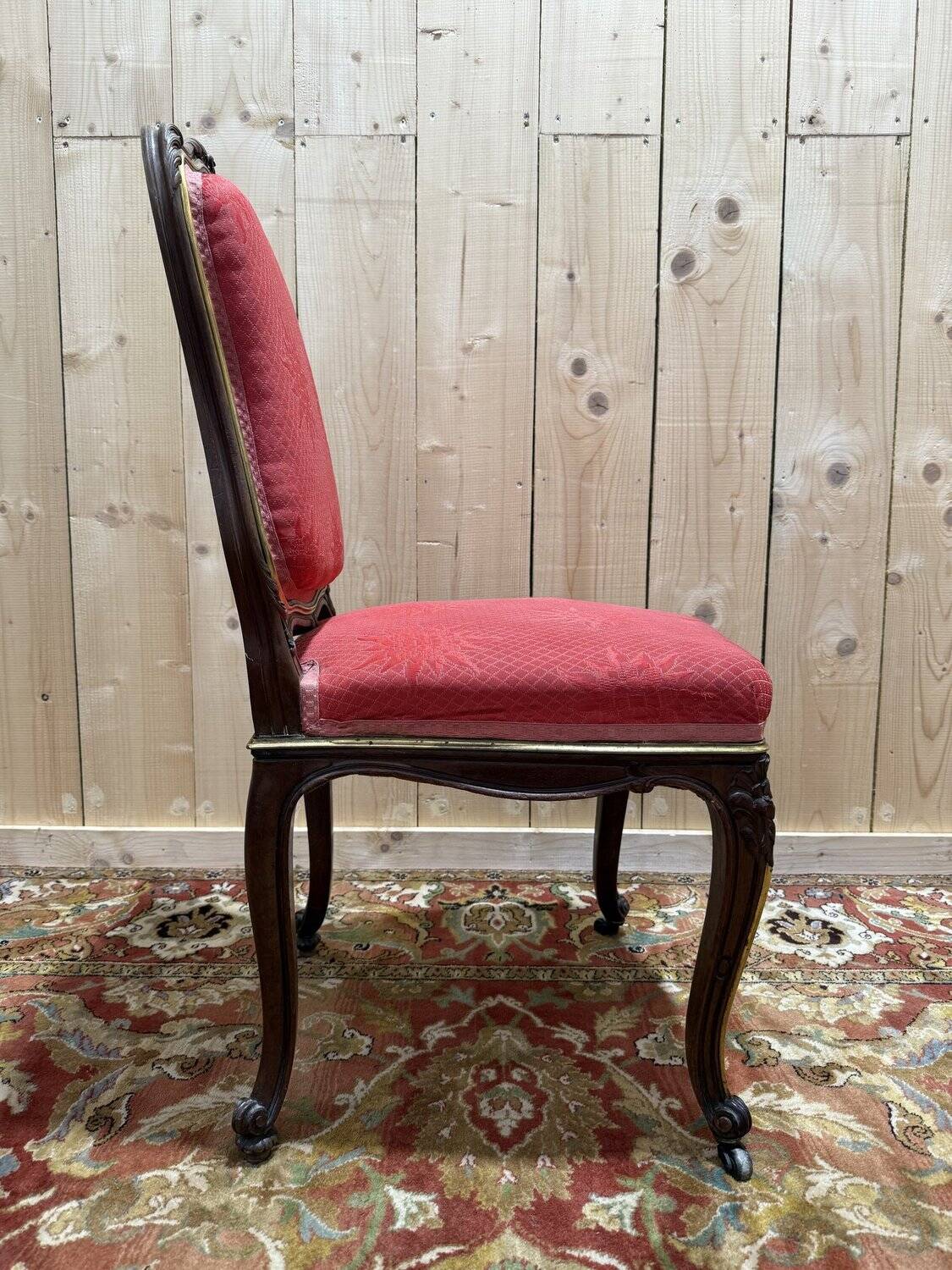 Set of 6 Louis XV style chairs in walnut and brass.