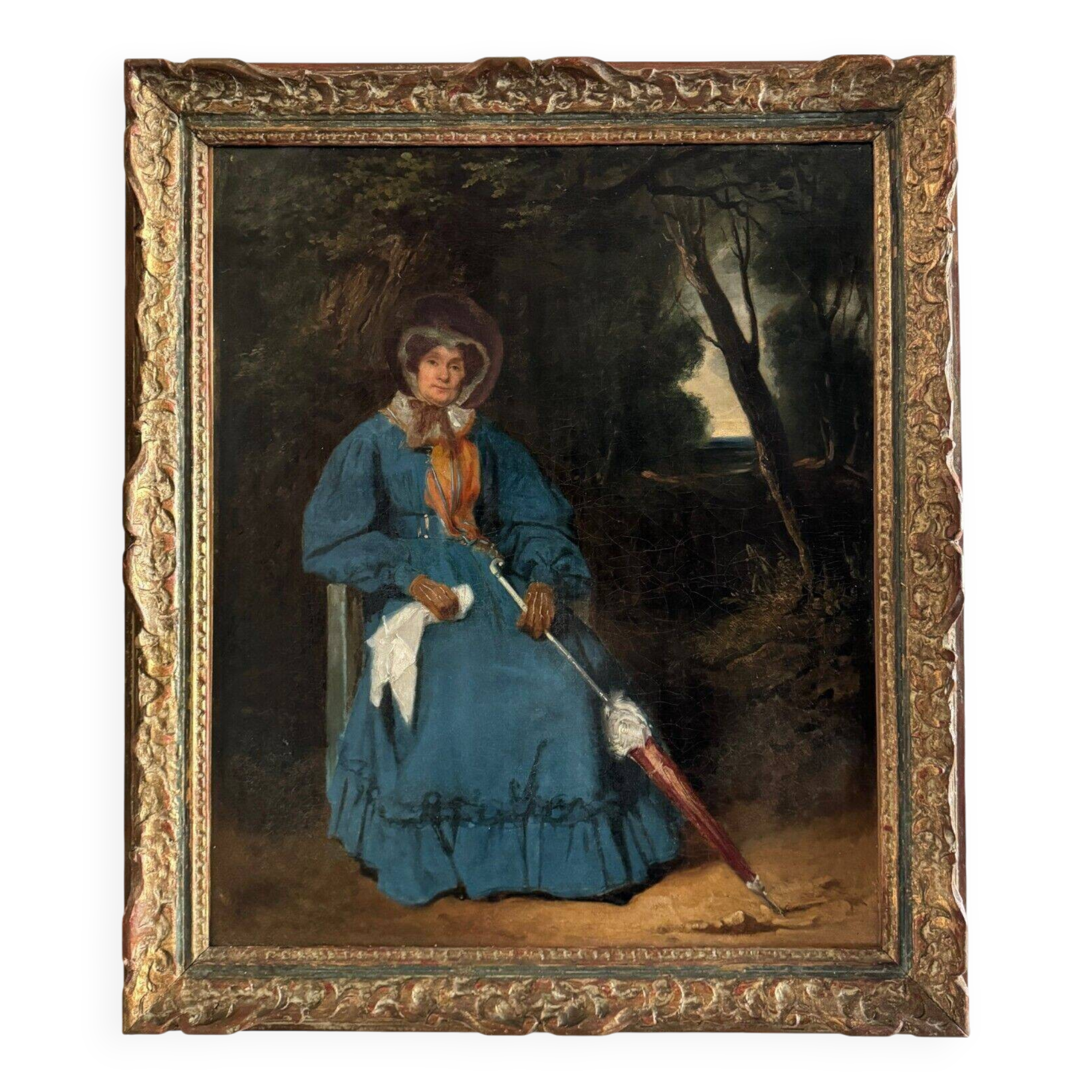 Oil on canvas, woman with umbrella in undergrowth, 19th century