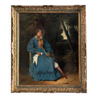 Oil on canvas, woman with umbrella in undergrowth, 19th century