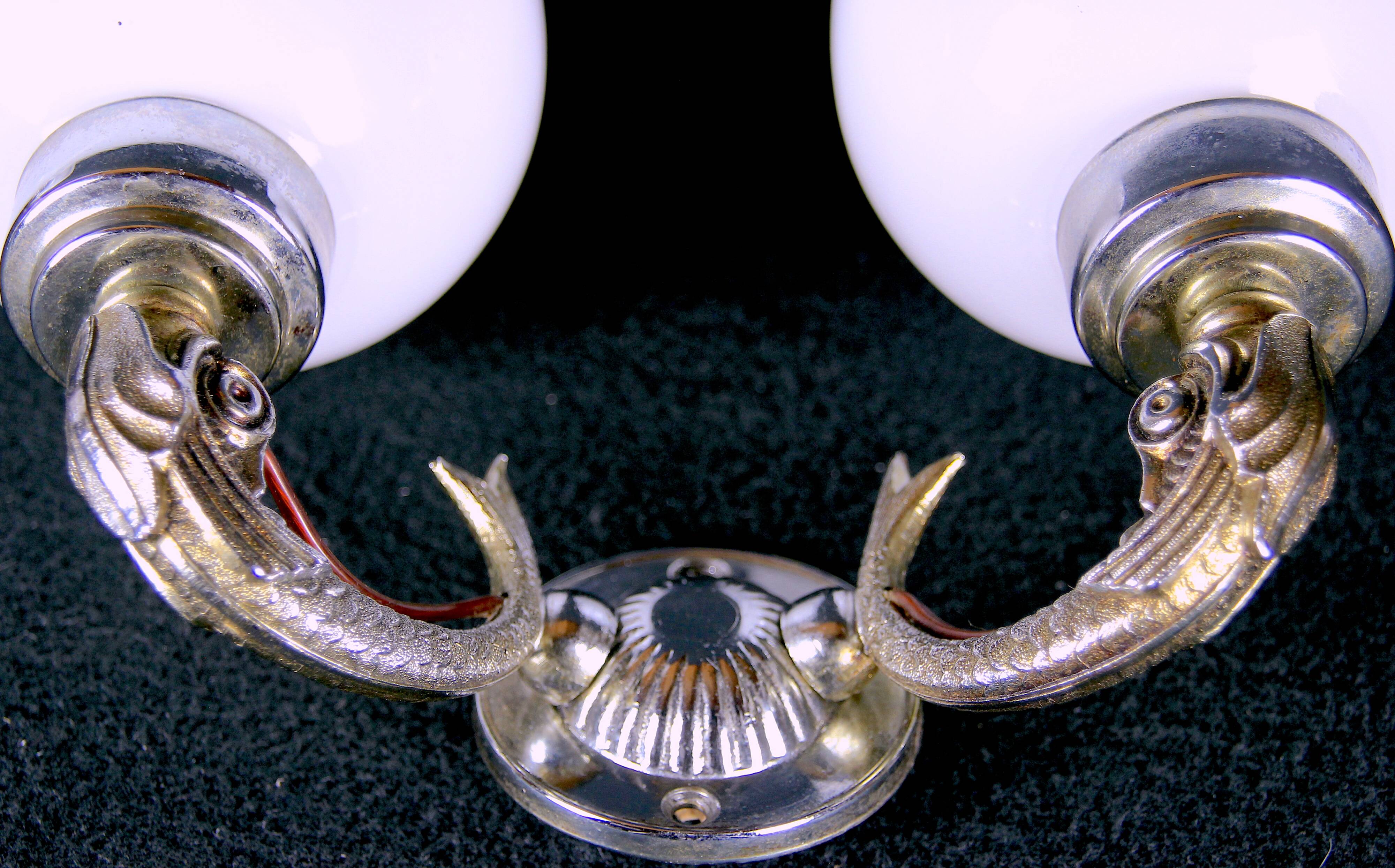 Maison Lancel, White Opaline Silver-Plated Dolphin Sconces, Mid-Century, France