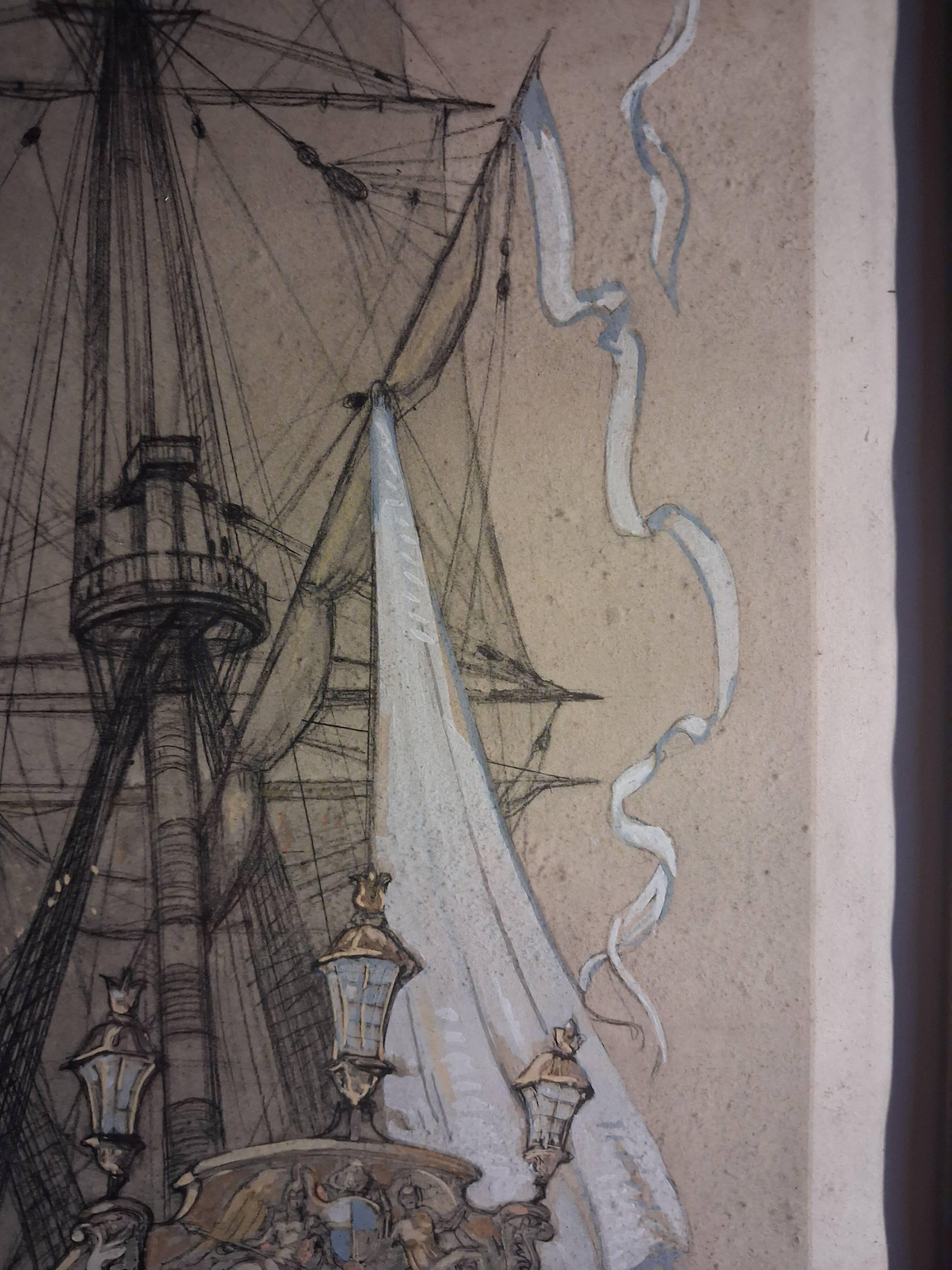 Drawing of an 18th-century ship, enhanced impression with gouache, Durand-Chapron.