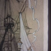 Drawing of an 18th-century ship, enhanced impression with gouache, Durand-Chapron.