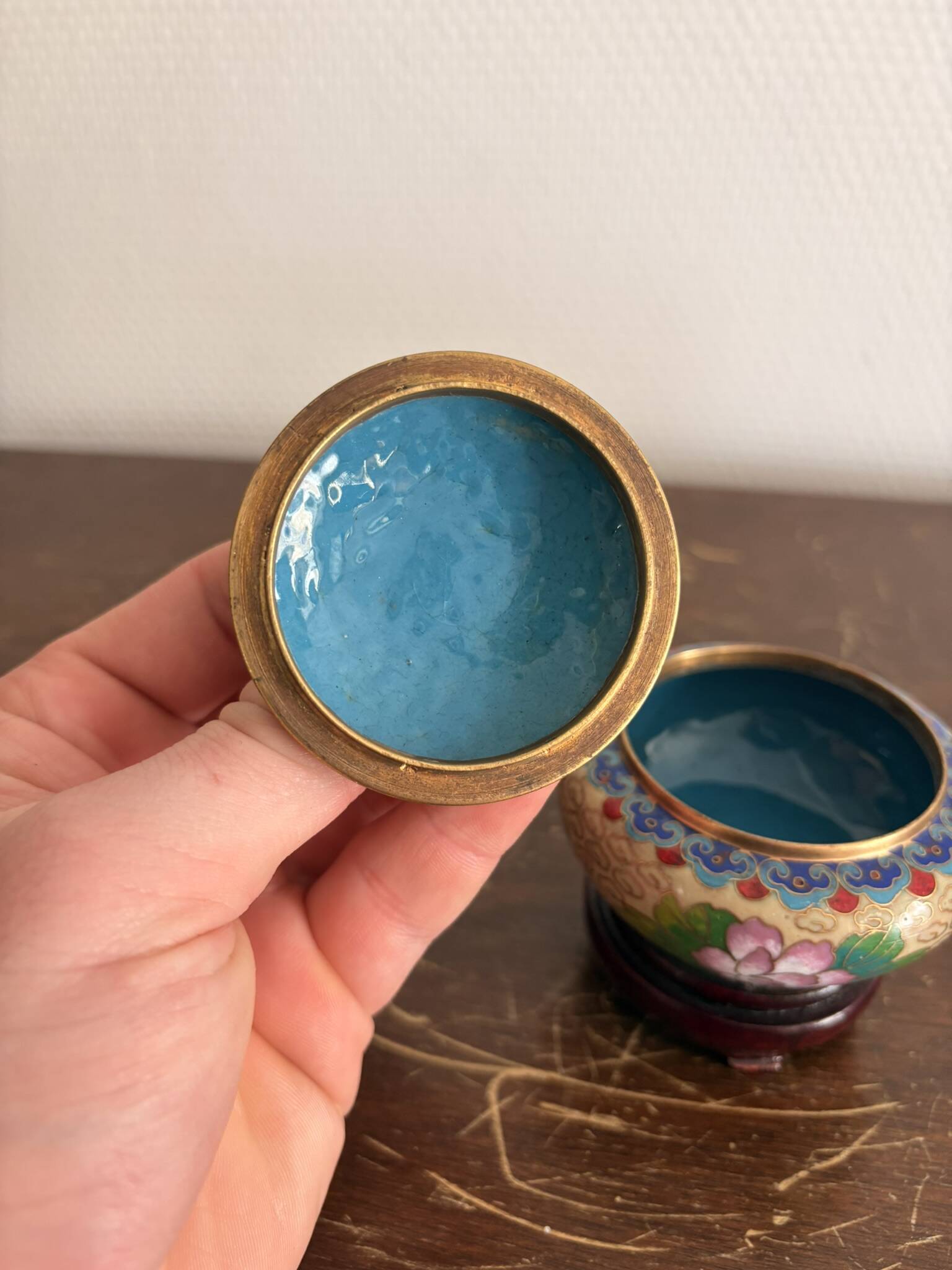 Antique Box Pot Lid Cloisonné Chinese Peony Jewellery Cosmetic