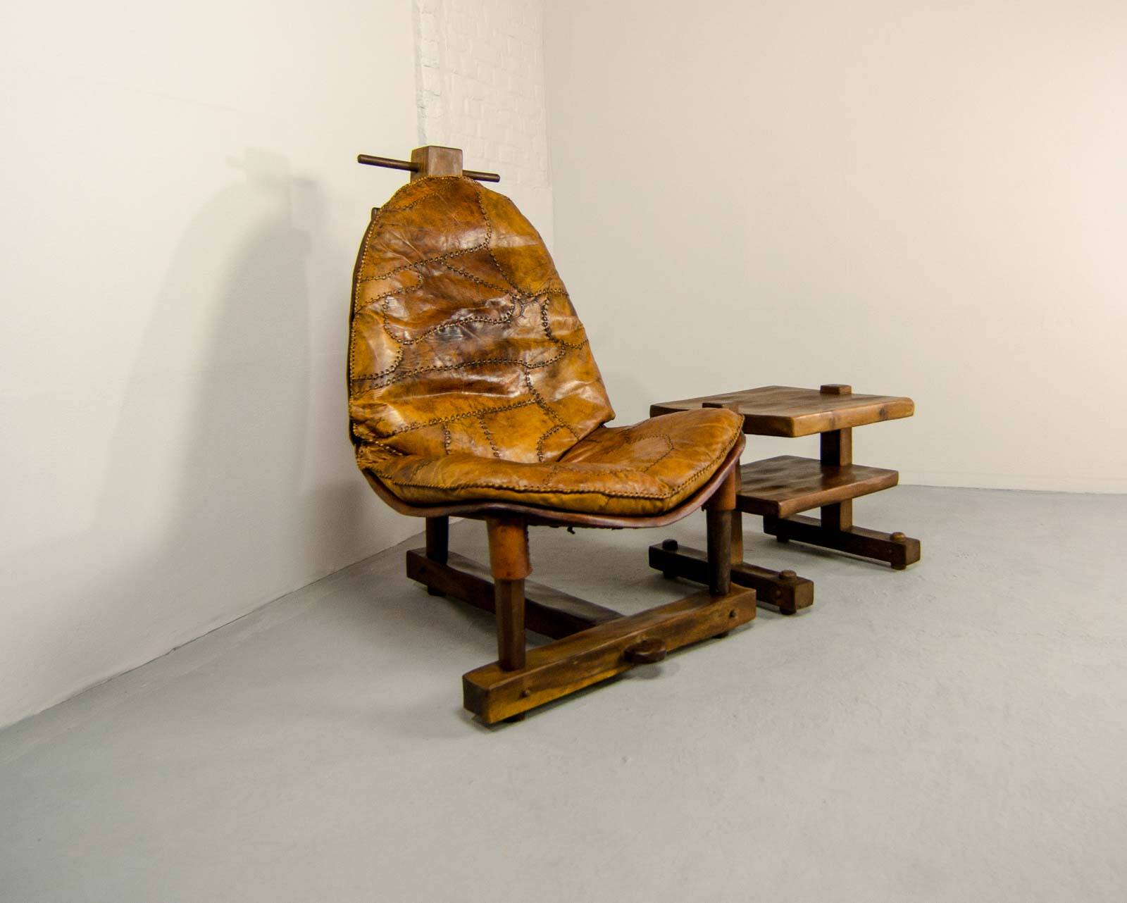 Brutalist Brazilian Style Patched Leather Lounge Chair and Side Table 60s