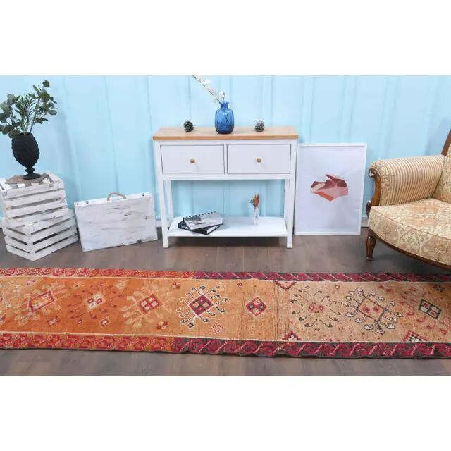 Tapis coureur vintage en laine et coton turc noué à la main orange 82x382