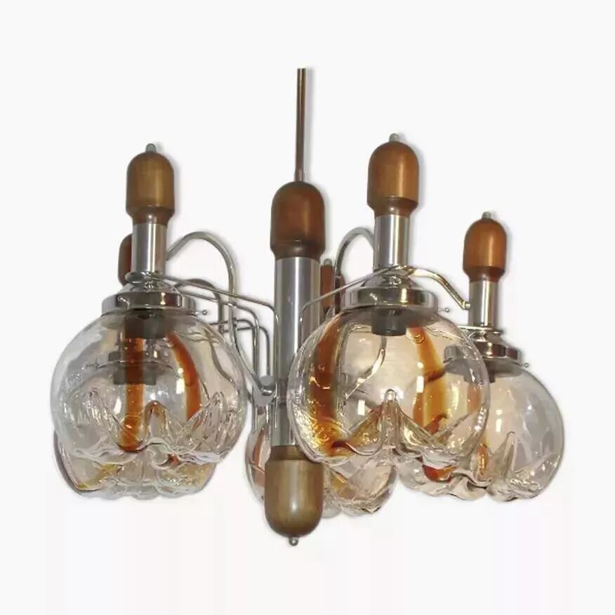 Murano glass chandelier in wood and chrome for Mazzega 60/70