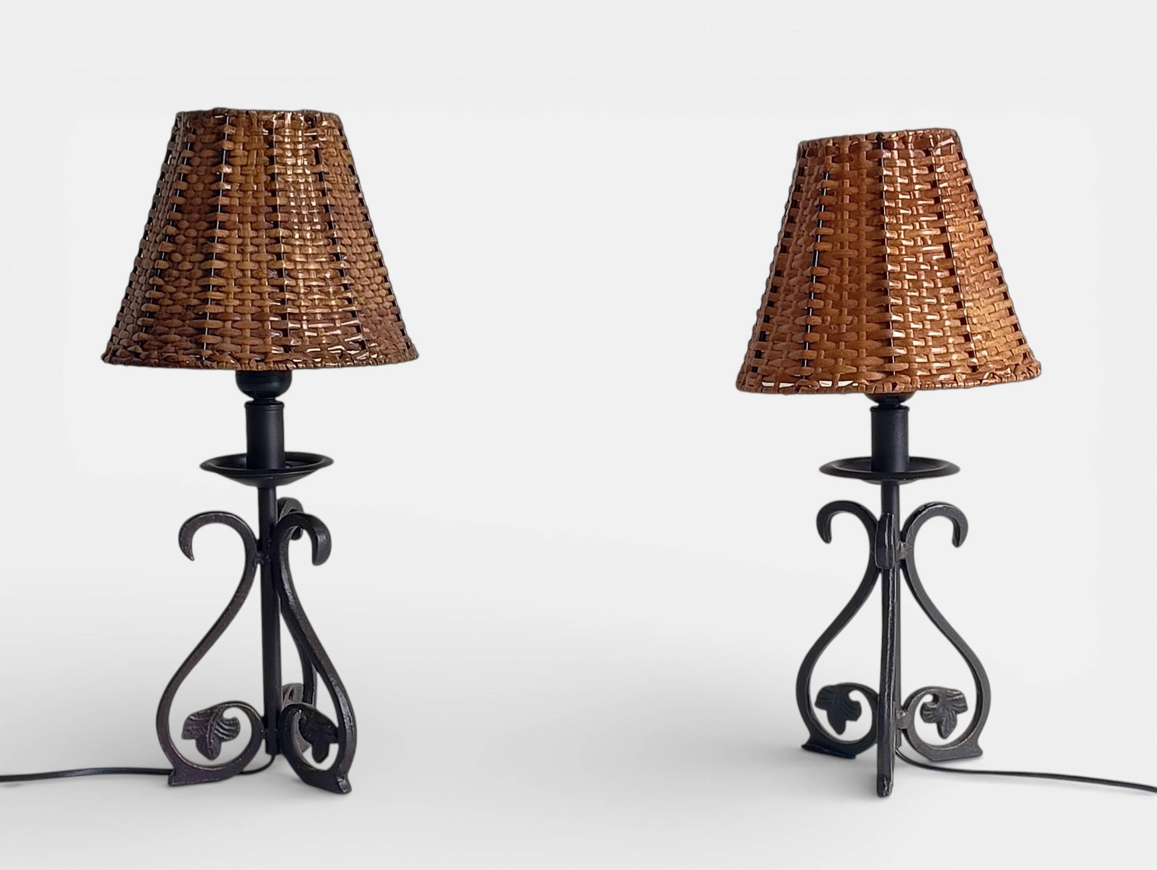 Spanish Hand Forged Wrought Iron Table Lamps with Hand Woven Wicker Shades