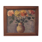 Framed painting bouquet of vintage roses signed Puce