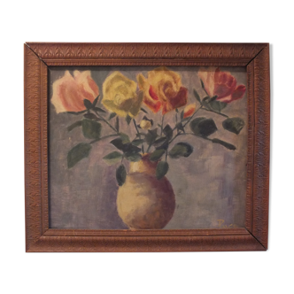 Framed painting bouquet of vintage roses signed Puce