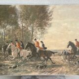 Tableau sans cadre Huile sur toile "chasse à courre"Vénerie, signature à identifier