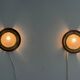 Pair of round glass wall lights, brass base and Wood Wood, 1960s, Italy.