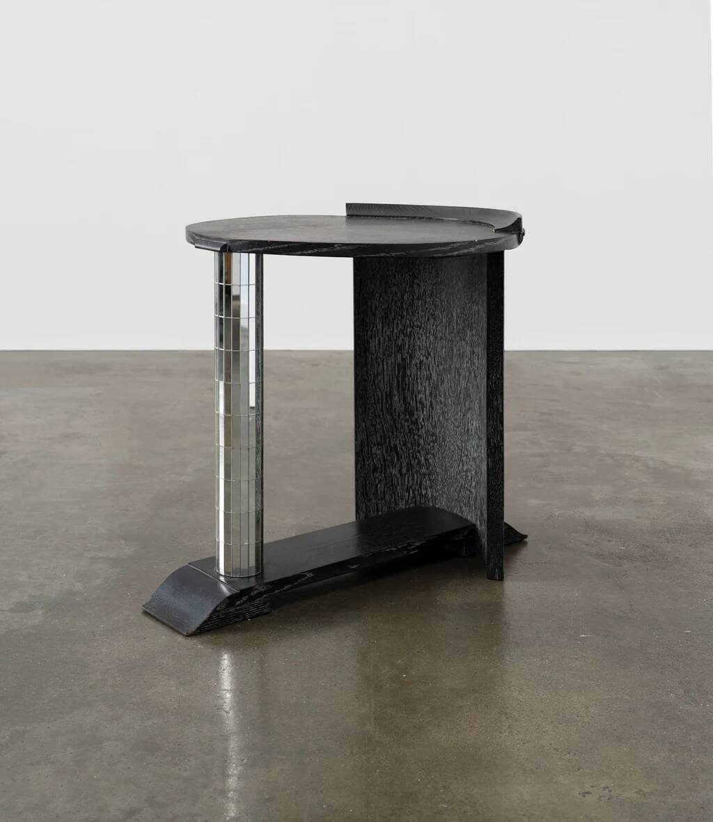 Vintage ebonised oak and mirror mosaic pedestal table