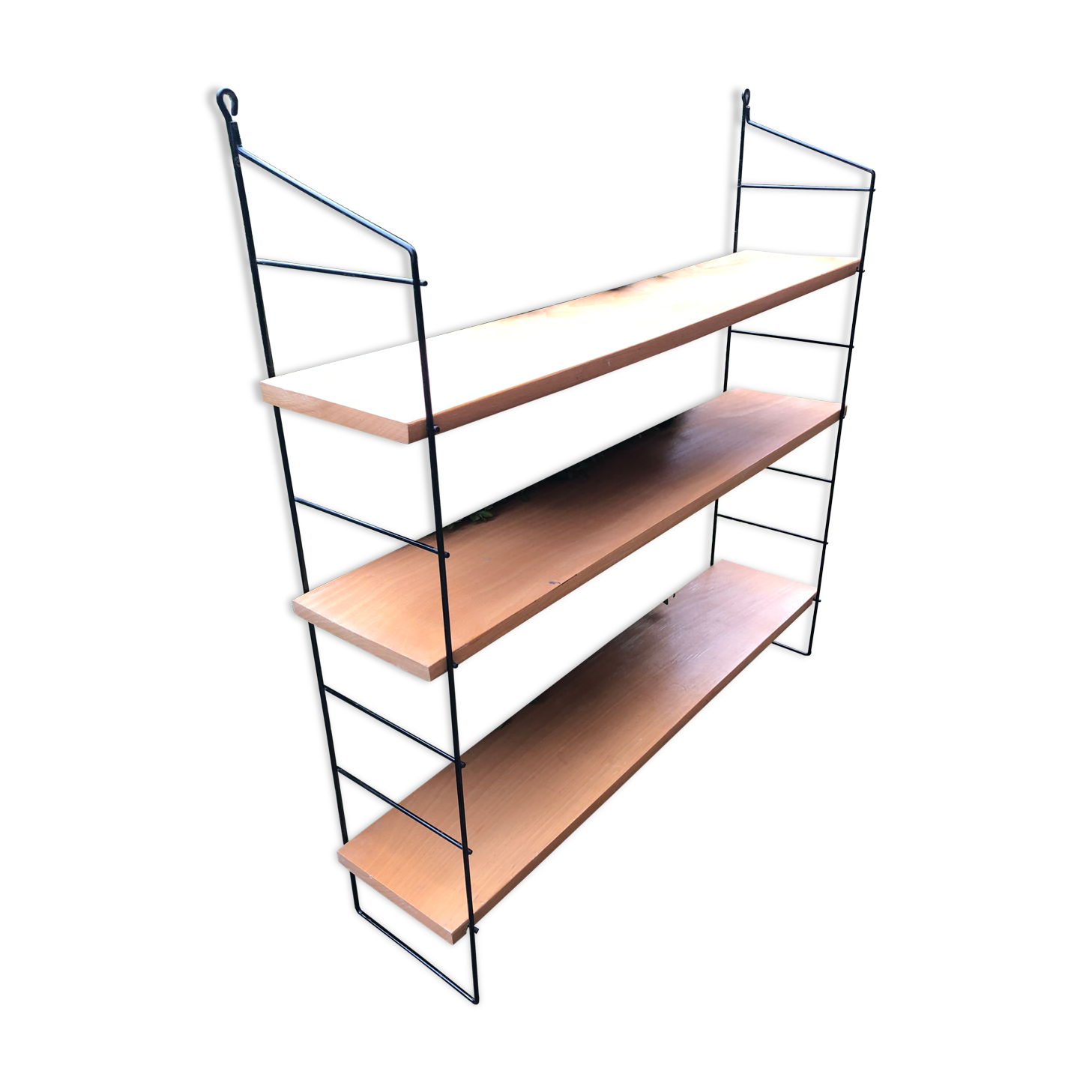 Wall shelf String lacquered metal black and light wood 1960