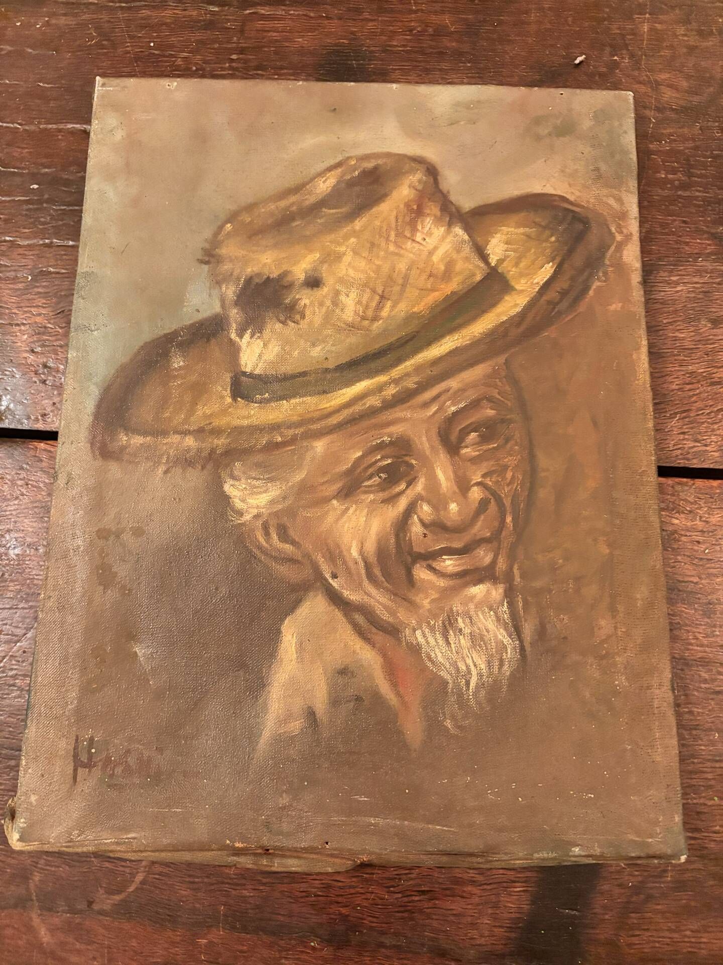 Old Table Oil on Canvas: Portrait of a Man in a Hat